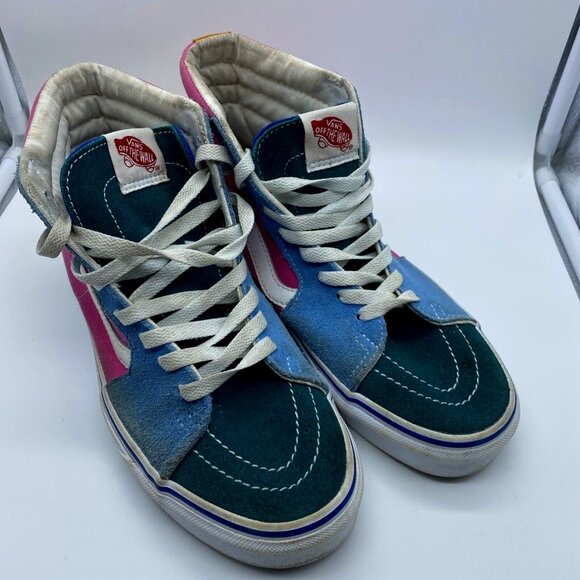 Vans Shoes Men’s Size 7 Sk8 Hi Pink Blue Green Gold Color Block Skate Boarding - Picture 1 of 12